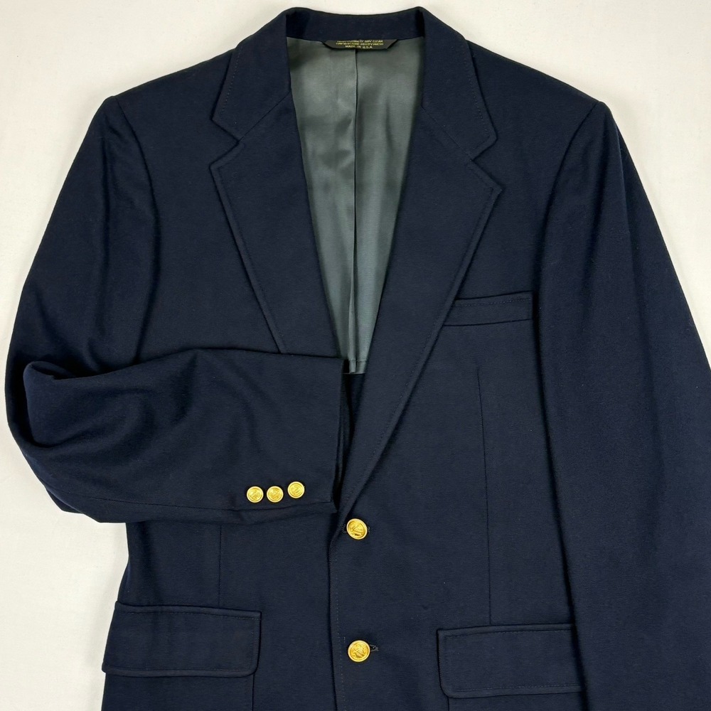 VTG 80s Adams Row Wool Flannel Patch Pocket Sport Coat 38R Navy Gold Button USA